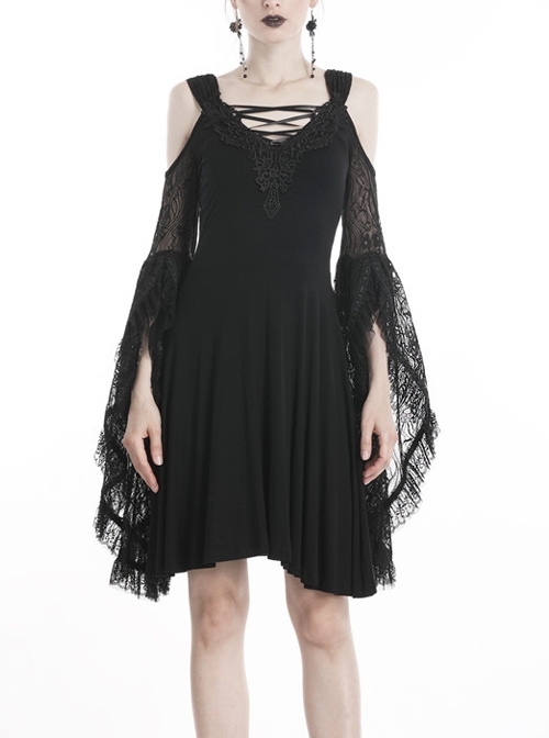 Black Lace-Up Neck Big Lace Embroidered Long Sleeves High Waisted Gothic Dress