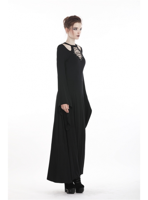 Black Chest Lace-Up Long Sleeves Slit Hem Punk Rock Long Dress