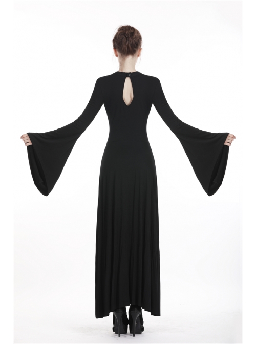 Black Chest Lace-Up Long Sleeves Slit Hem Punk Rock Long Dress