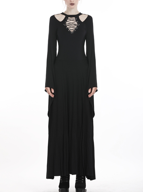 Black Chest Lace-Up Long Sleeves Slit Hem Punk Rock Long Dress