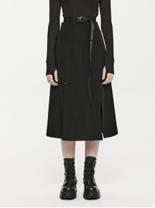Faux Leather Glossy Non-Stretch Slit Ghost Head Buckle Embellished Black Gothic Double Waist Straight Midi Skirt