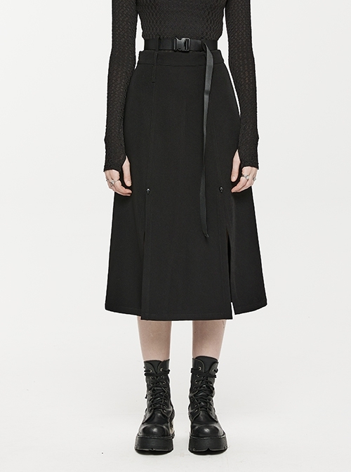 Faux Leather Glossy Non-Stretch Slit Ghost Head Buckle Embellished Black Gothic Double Waist Straight Midi Skirt