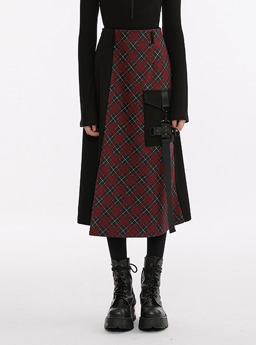 Black And Red Mid-Length Split Stitching Plaid Fabric Pocket Metal Buckle Detachable Cross-Shaped Webbing Punk Functional Skirt