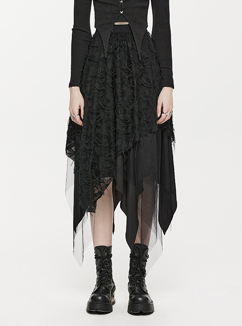 Asymmetrical Multi-Layer Elastic Comfortable Skirt With Butterfly Metal Buckle Decoration Black Punk Style Skirt
