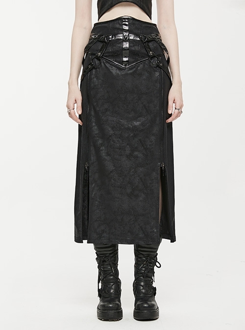 Mid-Length Particle Micro-Elastic Glossy Opening Zipper Skirt Black Gothic Straight Zipper High-Slit High-Waist Skirt