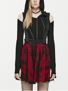 Double-Layer Swing Short Asymmetric Hollow Lace Stitching Magma Texture Printed Fabric Metal Adjustable Shoulder Strap Black Red Gothic Skirt
