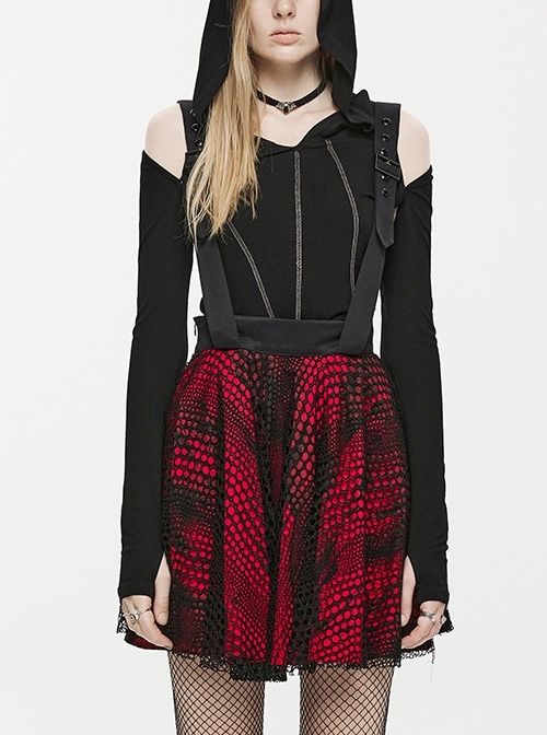 Double-Layer Swing Short Asymmetric Hollow Lace Stitching Magma Texture Printed Fabric Metal Adjustable Shoulder Strap Black Red Gothic Skirt