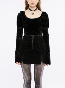 Black Elastic Velvet Puff Sleeves Stitching Lace Cross Straps Gothic Style Square Neck Long-Sleeved T-Shirt