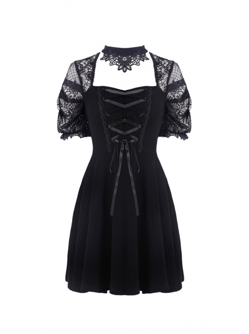 Black Lolita Halter Lace-Up Lace Embroidery With Necklace Gothic Dress