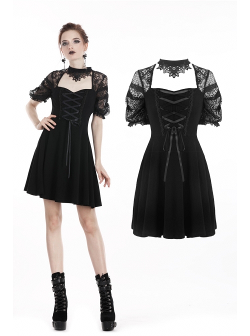 Black Lolita Halter Lace-Up Lace Embroidery With Necklace Gothic Dress