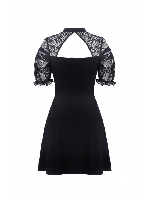 Black Lolita Halter Lace-Up Lace Embroidery With Necklace Gothic Dress