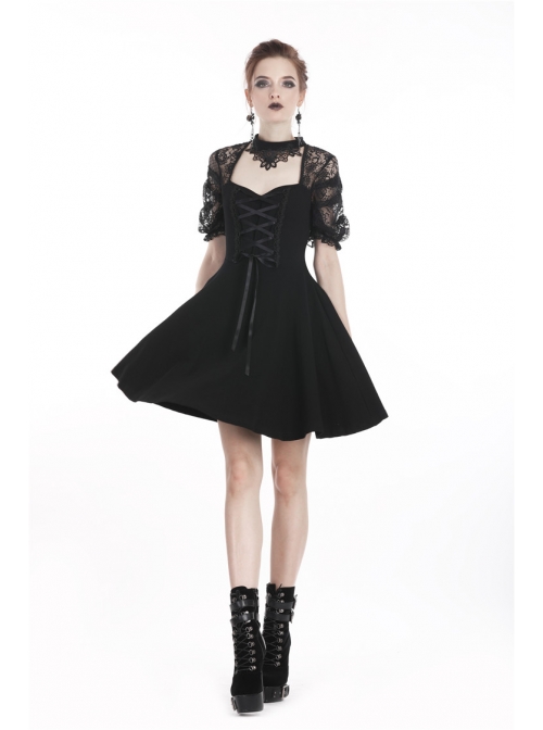 Black Lolita Halter Lace-Up Lace Embroidery With Necklace Gothic Dress