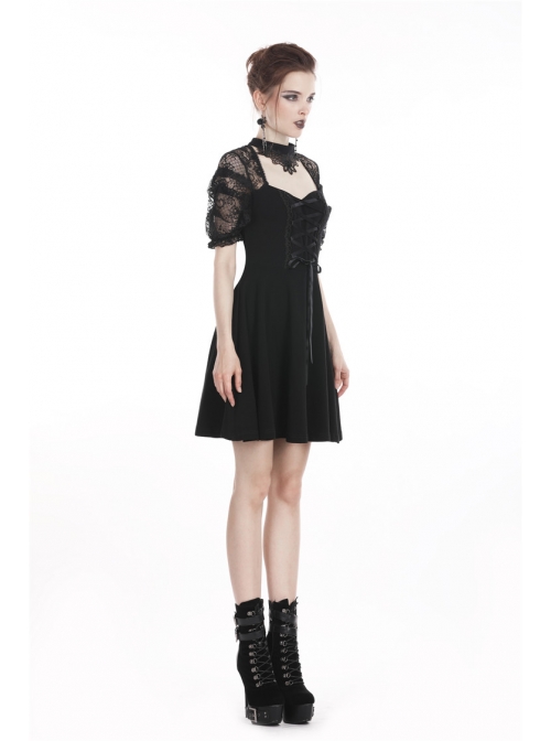 Black Lolita Halter Lace-Up Lace Embroidery With Necklace Gothic Dress