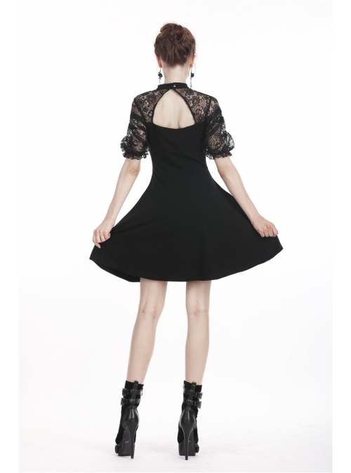 Black Lolita Halter Lace-Up Lace Embroidery With Necklace Gothic Dress