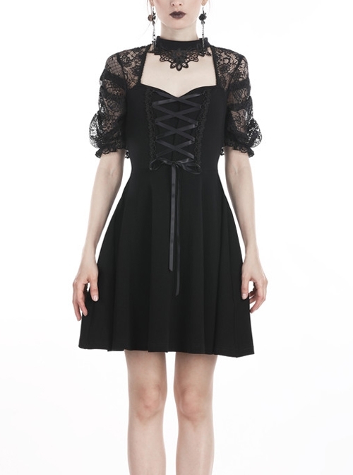 Black Lolita Halter Lace-Up Lace Embroidery With Necklace Gothic Dress