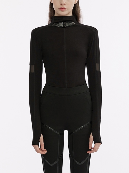 Black Elastic Knit Stitching Imitation Leather Functional Metal Buckle Punk Style All-Match Bottoming Long-Sleeved T-Shirt
