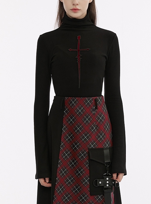 Black Stretch Knit Fit High Collar Trumpet Sleeve Thorns Sword Splicing Gradient Color Velvet Embroidery Gothic Style Long-Sleeved T-Shirt
