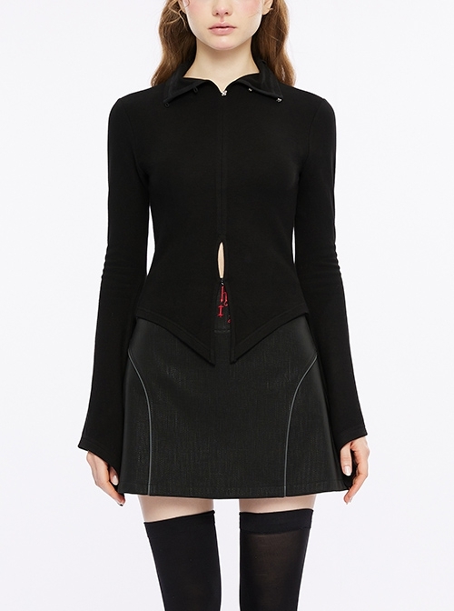 Stretch Knit Skinny High Neck Heterosexual Chinese Knot Metal Hand-Sewn Button Black Chinese Gothic T-Shirt