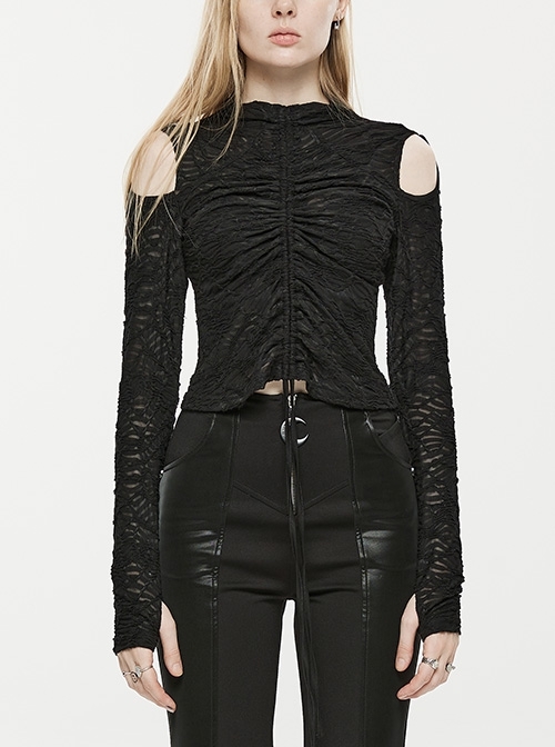Black Elastic Slim Texture Micro-Permeable Hollow High Collar Punk Style Strapless T-Shirt