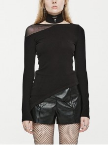 Black Warm Stretch Knit Slim Round Neck Asymmetric Sharp Corner Hem Gothic Pure Desire Fit Long-Sleeved T-Shirt