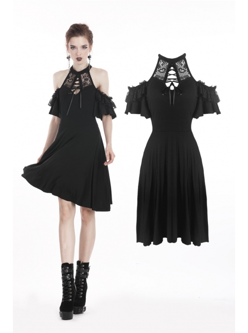Black Chest Lace-Up Off-Shoulder Lace Sleeves Gothic Dress