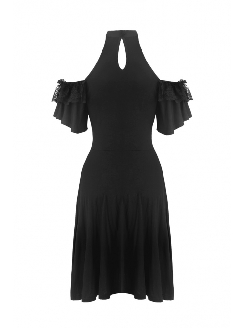 Black Chest Lace-Up Off-Shoulder Lace Sleeves Gothic Dress