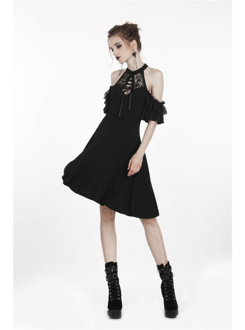 Black Chest Lace-Up Off-Shoulder Lace Sleeves Gothic Dress