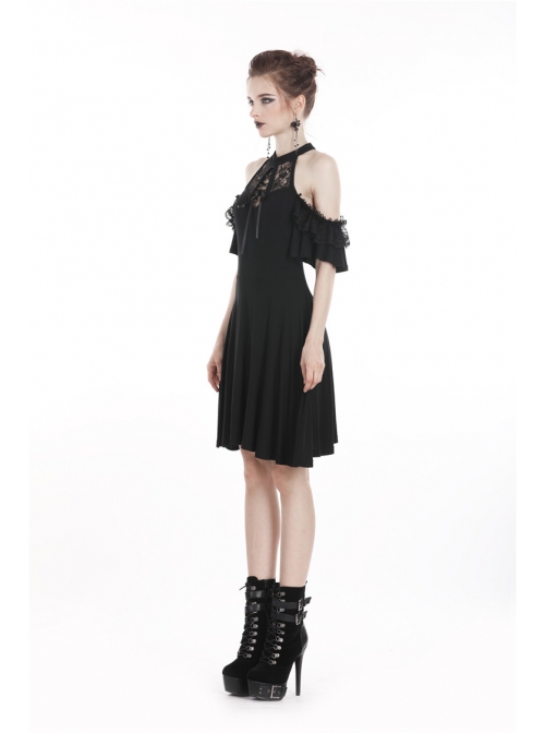 Black Chest Lace-Up Off-Shoulder Lace Sleeves Gothic Dress