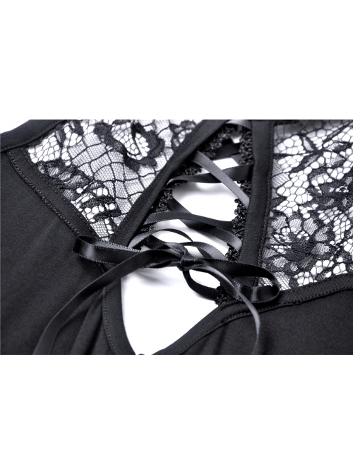 Black Chest Lace-Up Off-Shoulder Lace Sleeves Gothic Dress