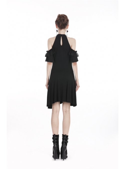 Black Chest Lace-Up Off-Shoulder Lace Sleeves Gothic Dress
