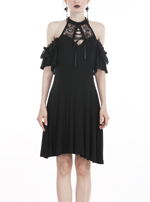 Black Chest Lace-Up Off-Shoulder Lace Sleeves Gothic Dress