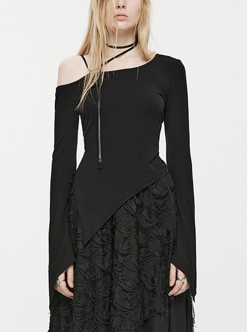 Black Elastic Comfortable Waist Drop Shoulder Hanging Neck Pointed Cuffs Hem Gothic Style One-Sided Off-Shoulder Tied Rope Fit T-Shirt