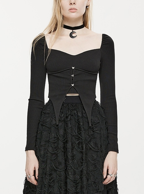 Black Elastic Square Neck Curved Split Butterfly Button Gothic Fit T-Shirt