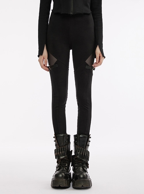 Soft Knit Triangle Split Panel Stretch-Mesh Black Punk Velvet Leggings