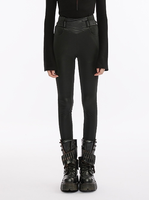 Black Fit Skinny Faux Leather Glossy Stretch Elastic Punk Crossover Waist Leggings