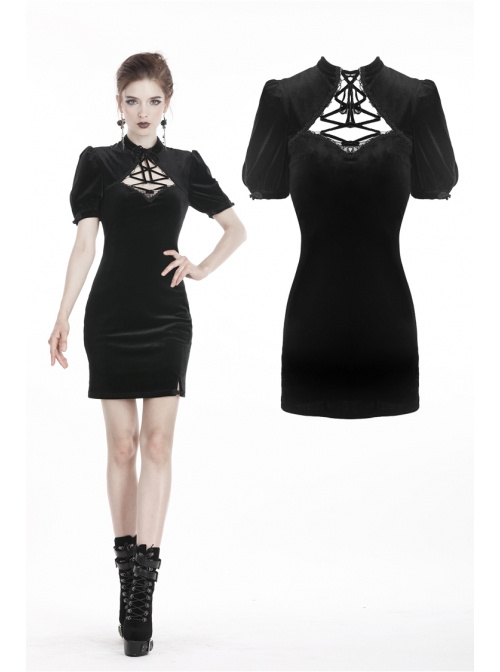 Black Chest Lace-Up Short Sleeves Vintage Bodycon Gothic Dress