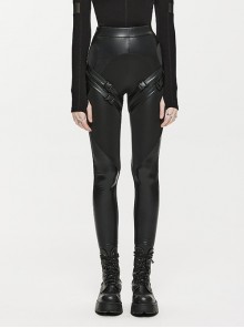 Warm Elastic Elastic Waistband Bright Leather With Slit Black Punk Style Fleece Stitching Skinny Leather Pants