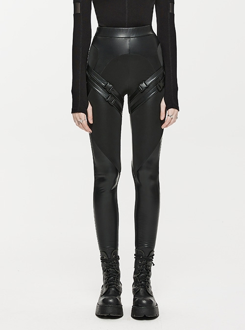 Warm Elastic Elastic Waistband Bright Leather With Slit Black Punk Style Fleece Stitching Skinny Leather Pants