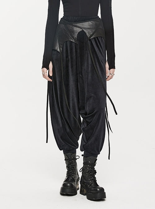 Black Elastic Waist Fuzzy Leather Bat Decorated Punk Style Two-Wear Loose Pants