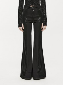 Black Stretch-Knit Paneled Faux Leather Waistband Ghost Button Punk Flared Pants