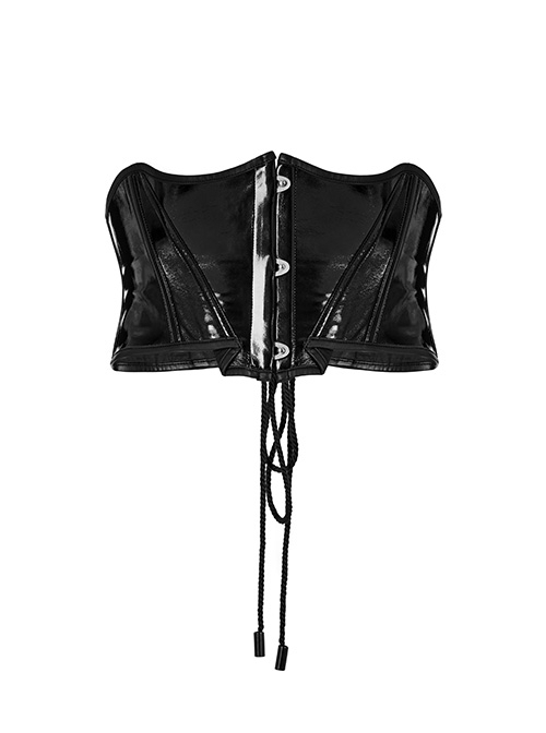 Faux Leather Split Bat Horn Tied Rope Waist Adjustable Black Punk Style Slim Waist Girdle