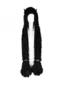Black Soft Plush Faux Leather Demon Horn Paw Punk Dark Hooded Scarf