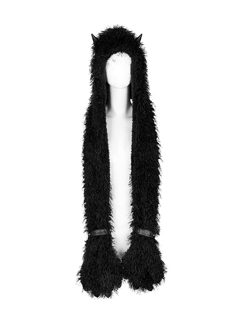 Black Soft Plush Faux Leather Demon Horn Paw Punk Dark Hooded Scarf