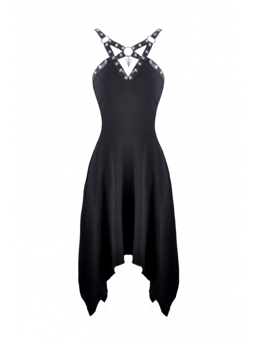 Black Off-Shoulder Chest Metal Straps Long Hem Punk Dress