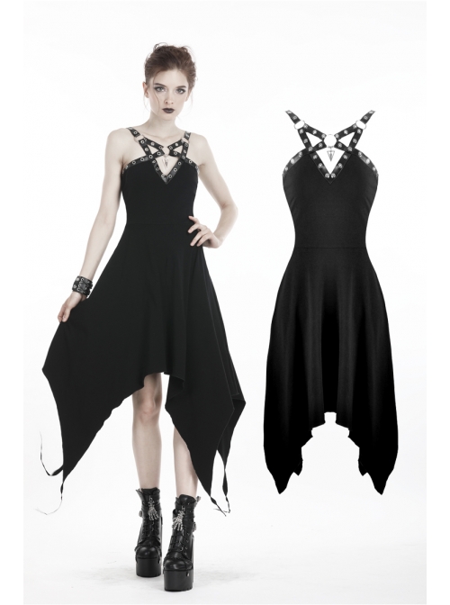Black Off-Shoulder Chest Metal Straps Long Hem Punk Dress