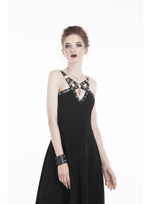Black Off-Shoulder Chest Metal Straps Long Hem Punk Dress