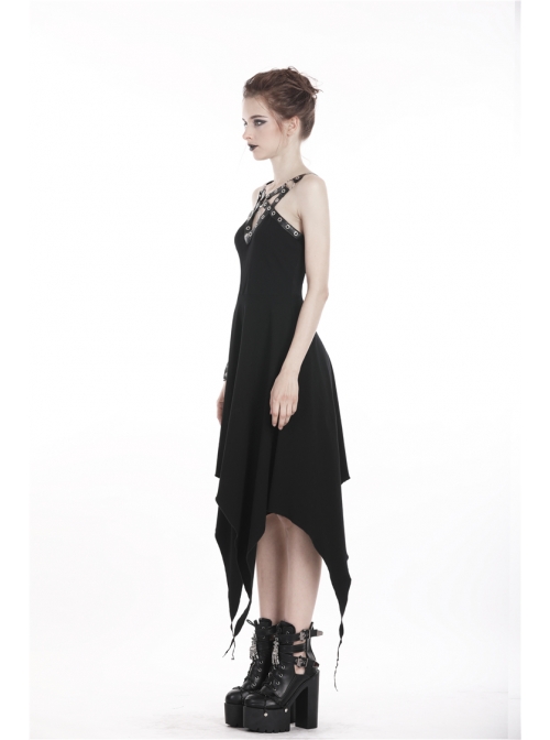 Black Off-Shoulder Chest Metal Straps Long Hem Punk Dress