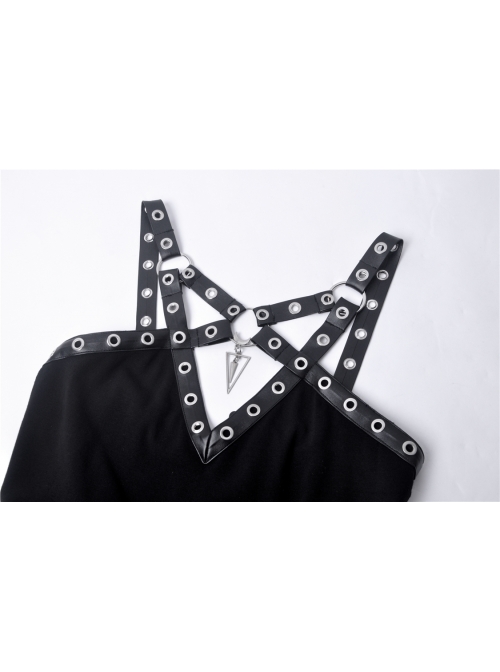 Black Off-Shoulder Chest Metal Straps Long Hem Punk Dress