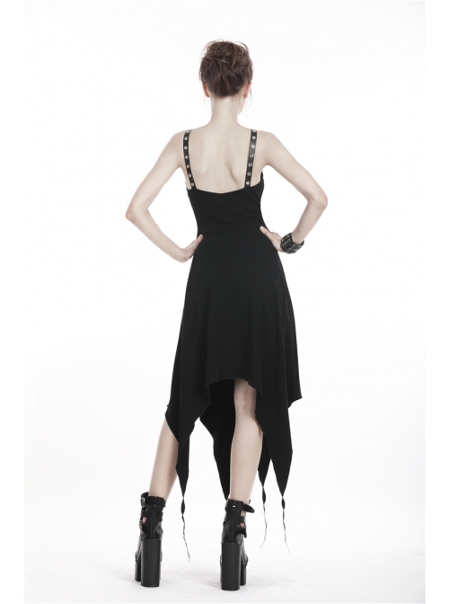 Black Off-Shoulder Chest Metal Straps Long Hem Punk Dress
