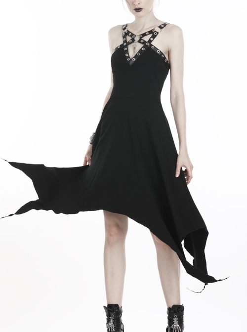 Black Off-Shoulder Chest Metal Straps Long Hem Punk Dress